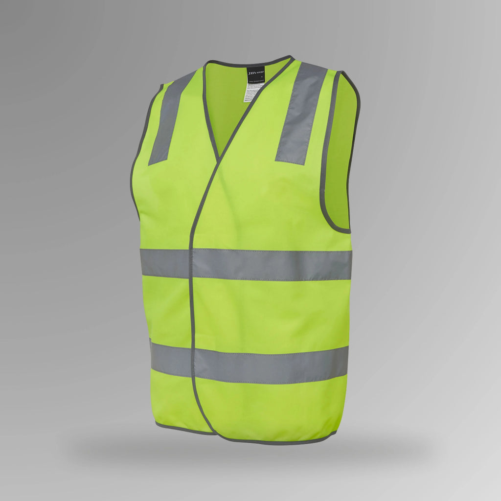 BSC 112 lime hi vis velcro safety vest in upright view showing fluorescent yellow body with horizontal reflective tape strips and front velcro closure