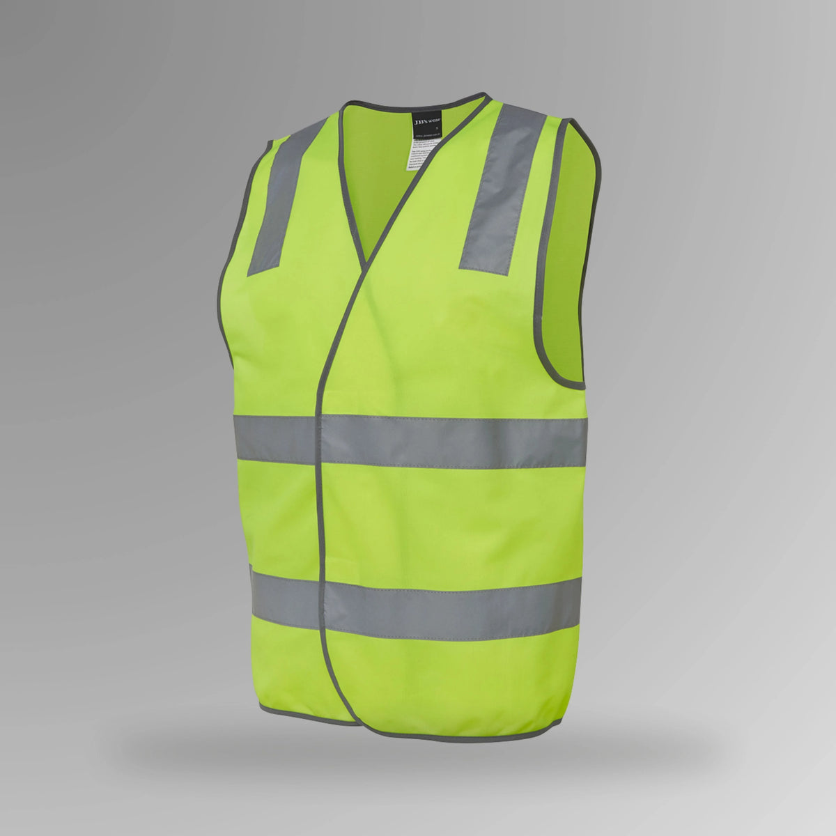 BSC 112 lime hi vis velcro safety vest in upright view showing fluorescent yellow body with horizontal reflective tape strips and front velcro closure