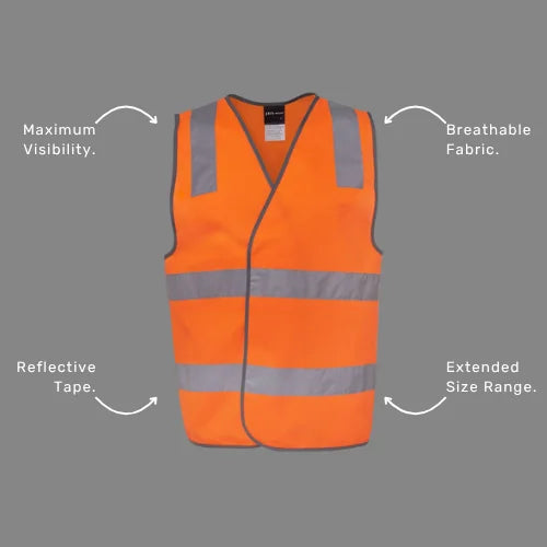 Benefits callout image showing BSC 113 taped vest specifications including reflective tape for low light conditions, quick access closure, and Australian safety compliance