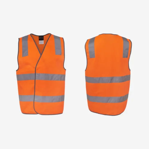 Layflat view of BSC 113 hi vis taped vest displaying orange tricot fabric with reflective tape strips for enhanced night visibility and grey binding