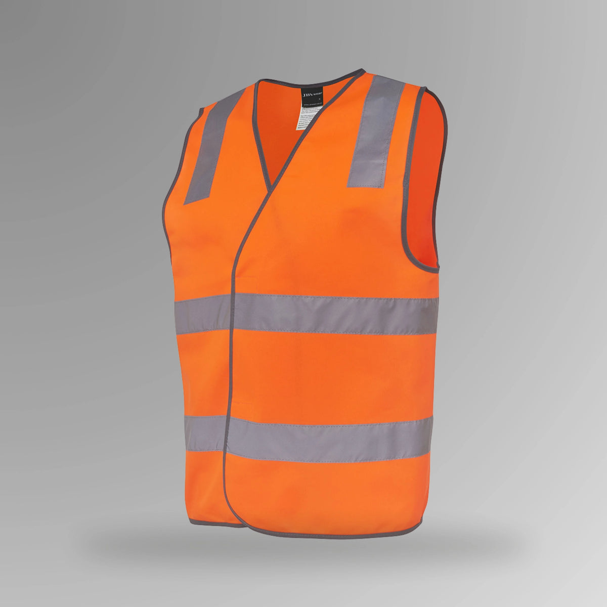 BSC 113 orange hi vis velcro safety vest in portrait orientation showing fluorescent orange body with horizontal reflective tape and front velcro closure