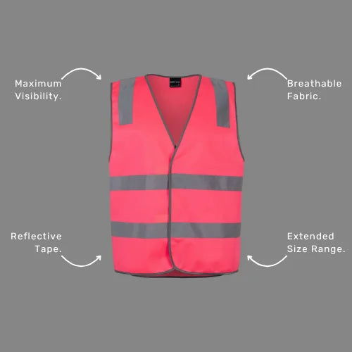 Benefits callout image featuring BSC 114 taped vest features including reflective tape for enhanced safety, Hook and pile velcro closure, and day and night visibility compliance