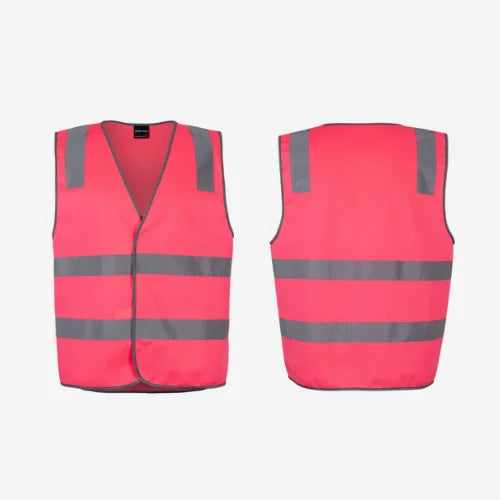 Layflat display of BSC 114 hi vis taped vest featuring pink tricot fabric with reflective tape for night visibility and grey contrast binding
