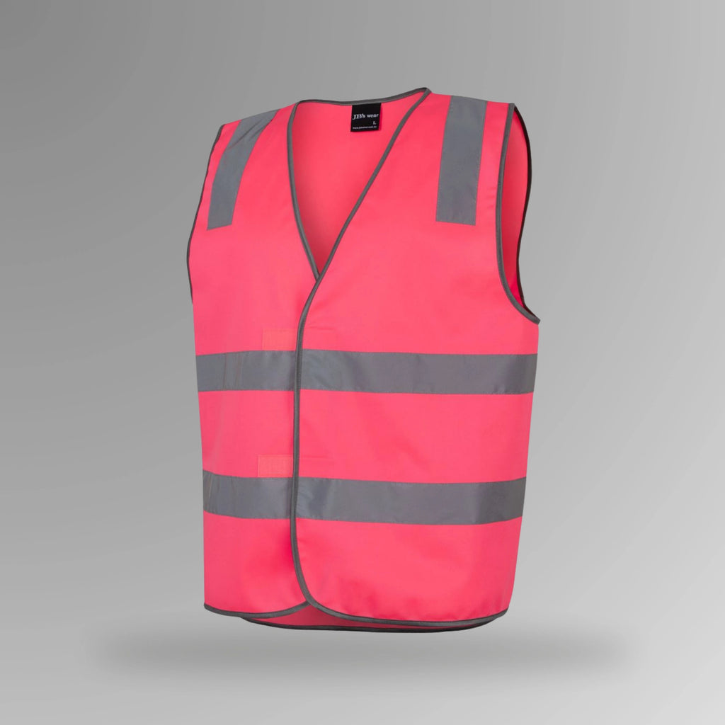 BSC 114 pink hi vis velcro safety vest in upright view showing fluorescent pink body with horizontal reflective tape strips and front velcro closure