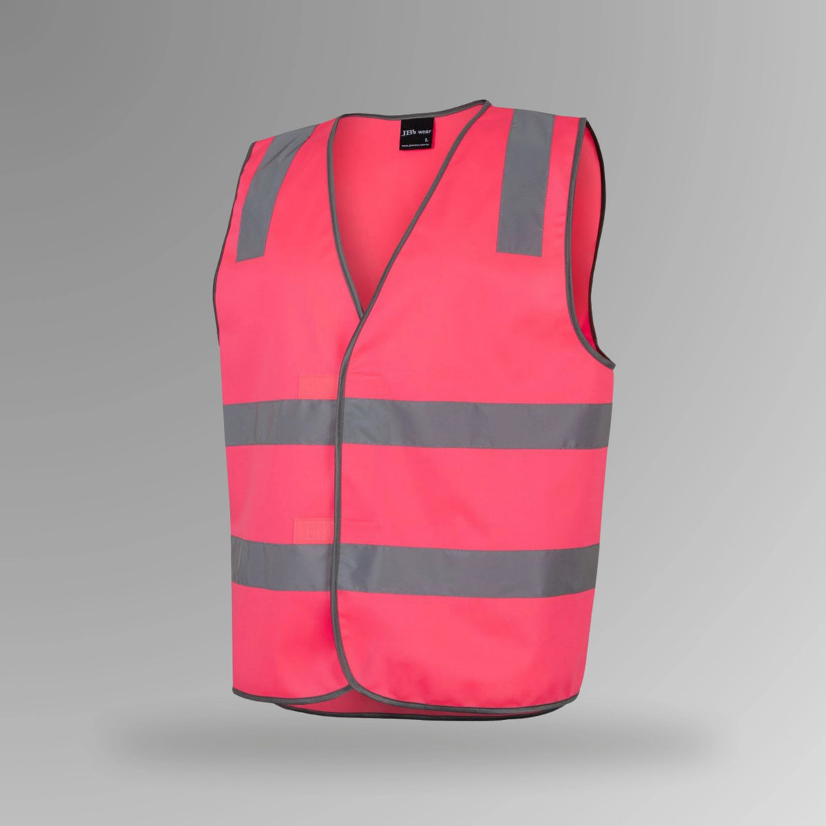 BSC 114 pink hi vis velcro safety vest in upright view showing fluorescent pink body with horizontal reflective tape strips and front velcro closure