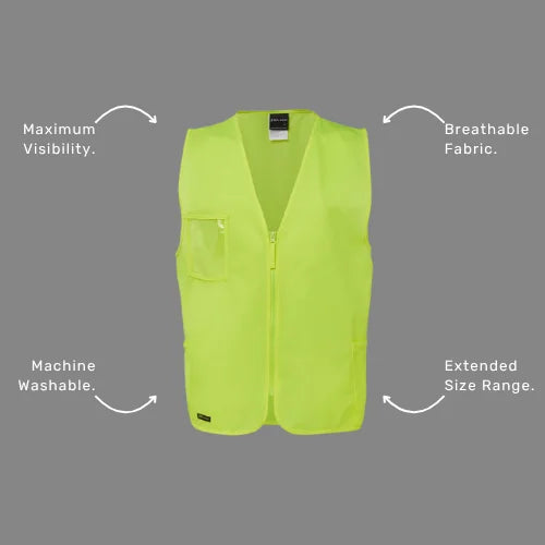 Benefits callout image highlighting BSC 115 zip vest features including utility pockets for storage, clear ID holder, and day and night visibility compliance