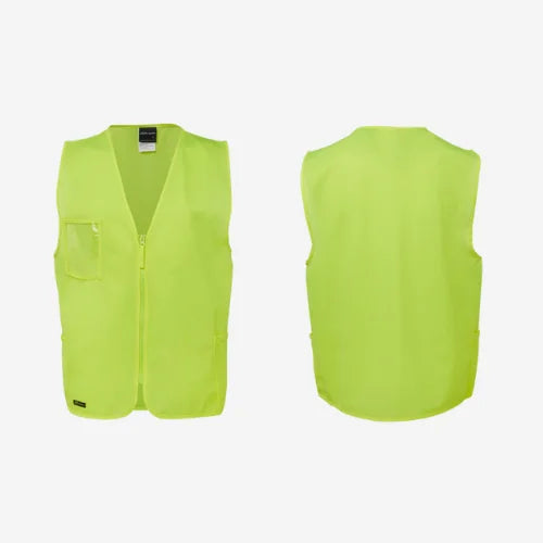 Layflat view of BSC 115 hi vis zip vest displaying lime tricot fabric with matching colour binding and front zip closure