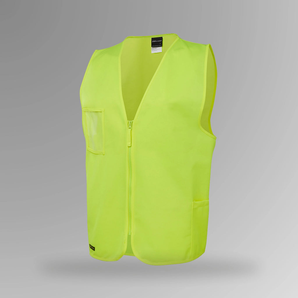 BSC 115 lime hi vis zip safety vest in portrait orientation showing fluorescent yellow body with front zip closure, side utility pockets, and clear ID holder at chest