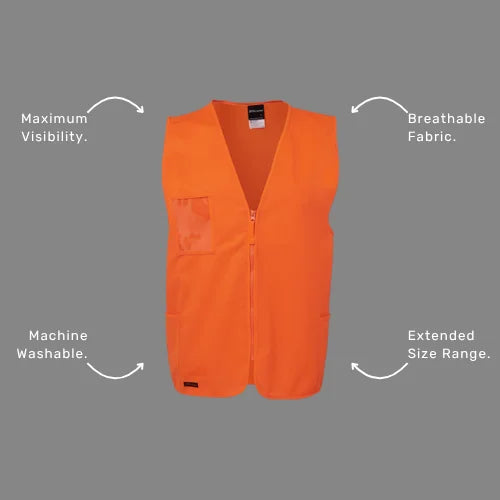 Benefits callout image showing BSC 116 zip vest specifications including utility pockets, clear ID holder, and Australian day visibility standard compliance