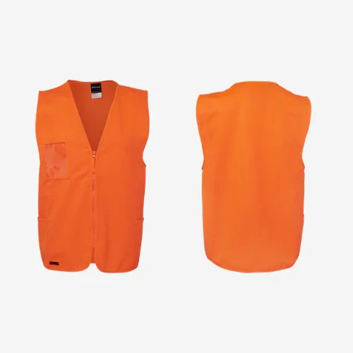 Layflat display of BSC 116 hi vis zip vest featuring orange tricot fabric with matching colour binding and secure zip closure