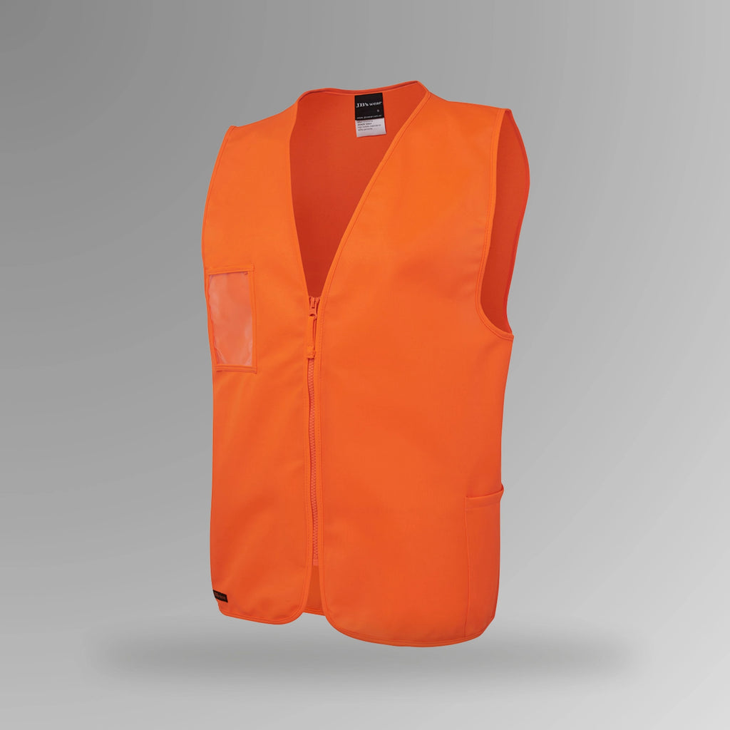 BSC 116 orange hi vis zip safety vest in upright view showing fluorescent orange body with front zip closure, side utility pockets, and clear ID holder
