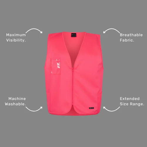 Benefits callout image featuring BSC 117 zip vest features including utility pockets for storage, clear ID holder, and day visibility compliance