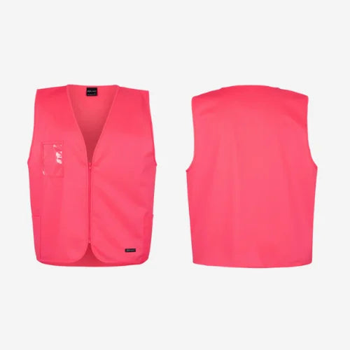 Layflat view of BSC 117 hi vis zip vest displaying pink tricot fabric with matching colour binding and secure front zip closure