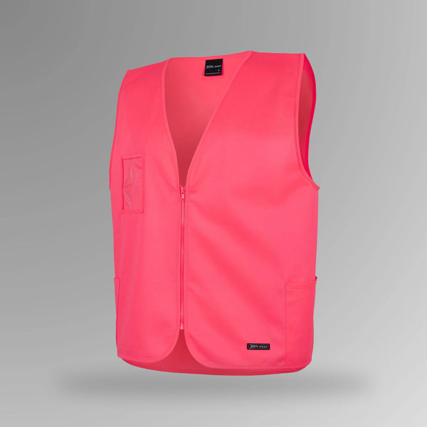 BSC 117 pink hi vis zip safety vest in portrait orientation showing fluorescent pink body with front zip closure, side utility pockets, and clear ID holder at chest