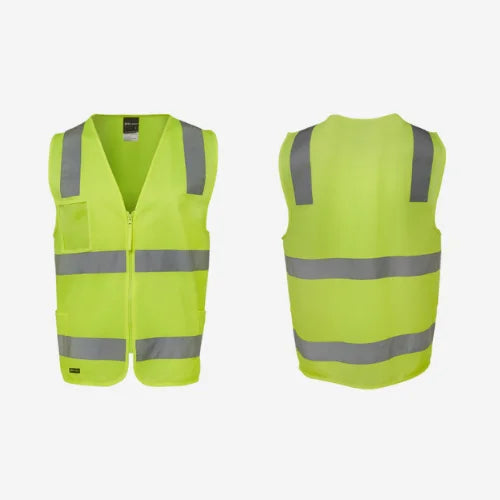 Layflat display of BSC 118 hi vis zip vest featuring lime tricot fabric with reflective tape for night visibility, utility pockets, and secure zip