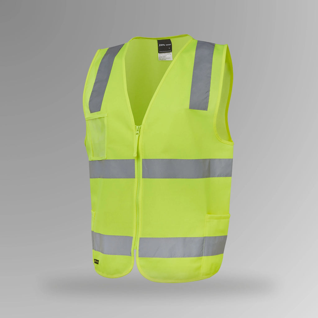 BSC 118 lime hi vis zip safety vest in upright view showing fluorescent yellow body with horizontal reflective tape strips, front zip closure, and clear ID holder