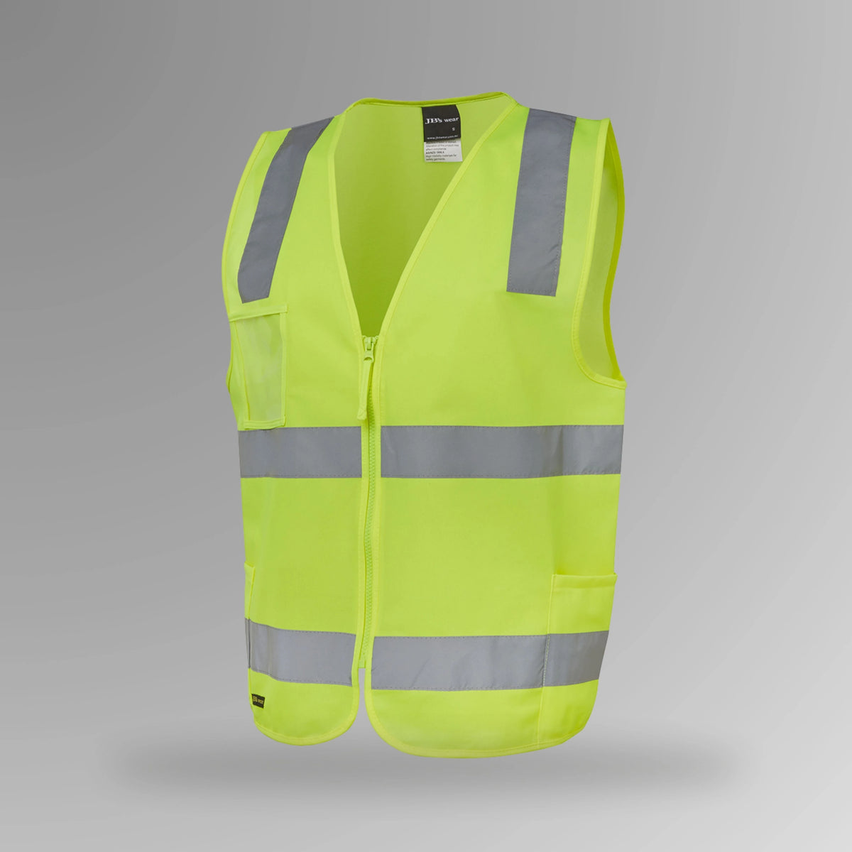 BSC 118 lime hi vis zip safety vest in upright view showing fluorescent yellow body with horizontal reflective tape strips, front zip closure, and clear ID holder