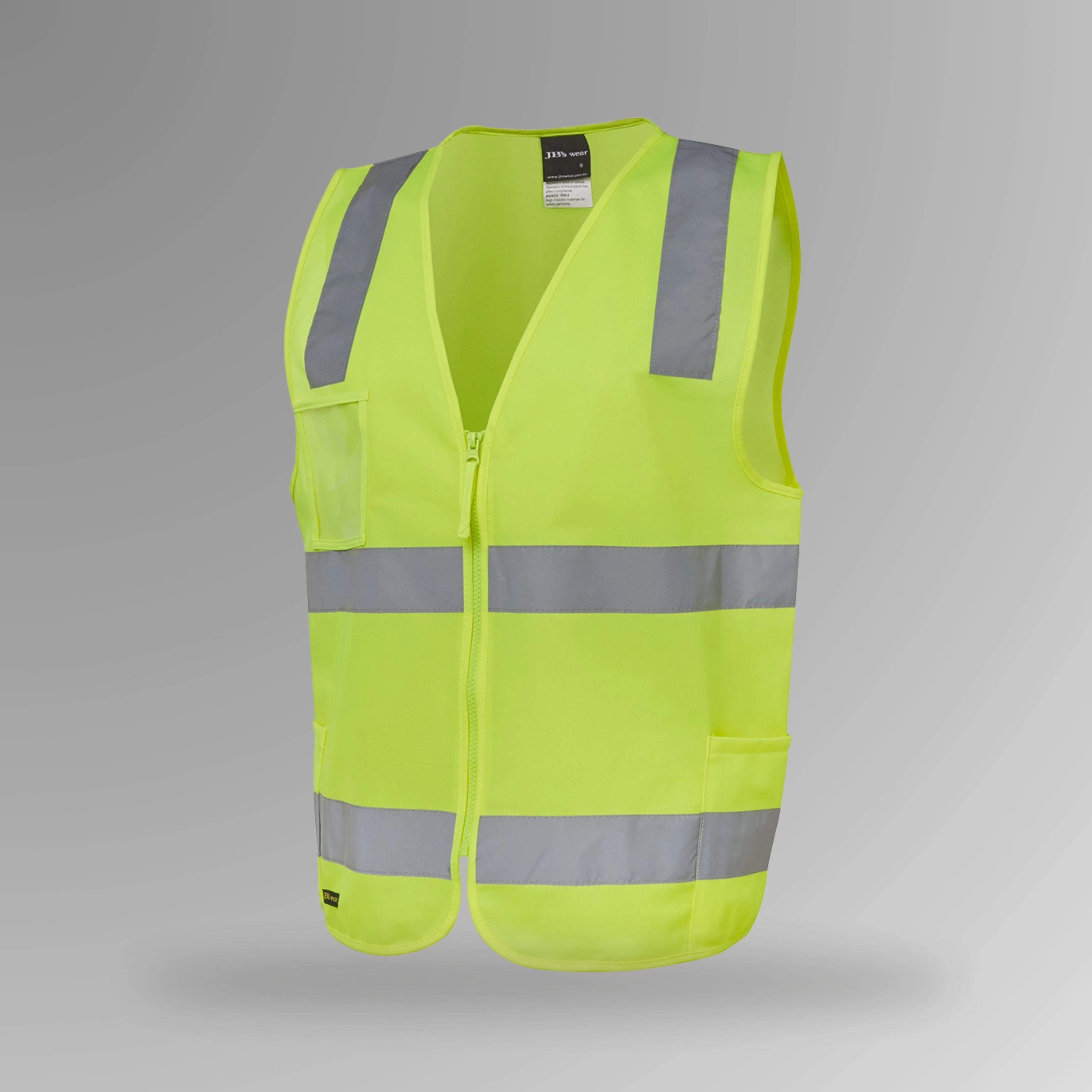 BSC 118 lime hi vis zip safety vest in upright view showing fluorescent yellow body with horizontal reflective tape strips, front zip closure, and clear ID holder