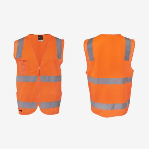 Layflat view of BSC 119 hi vis zip vest displaying orange tricot fabric with reflective tape strips for night visibility and utility pockets at sides