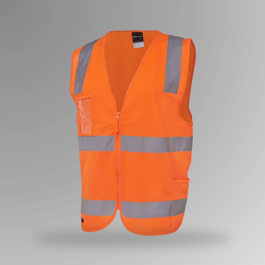 BSC 119 orange hi vis zip safety vest in portrait orientation showing fluorescent orange body with horizontal reflective tape, front zip, and clear ID holder