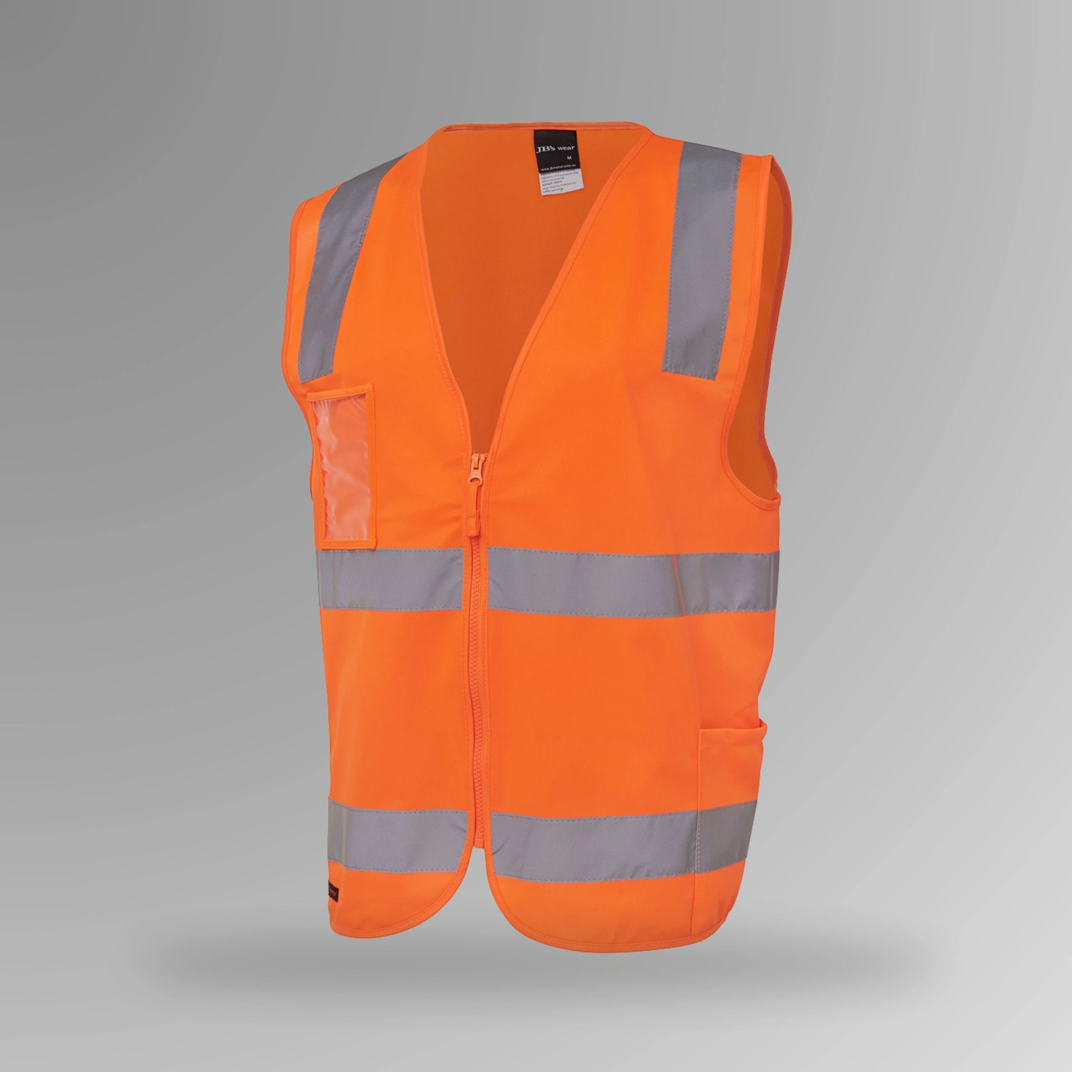 BSC 119 orange hi vis zip safety vest in portrait orientation showing fluorescent orange body with horizontal reflective tape, front zip, and clear ID holder