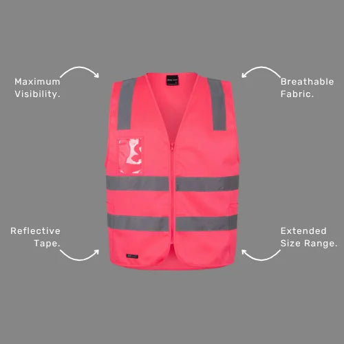 Benefits callout image featuring BSC 120 zip vest features including reflective tape for low light conditions, utility pockets, ID holder, and day and night safety compliance