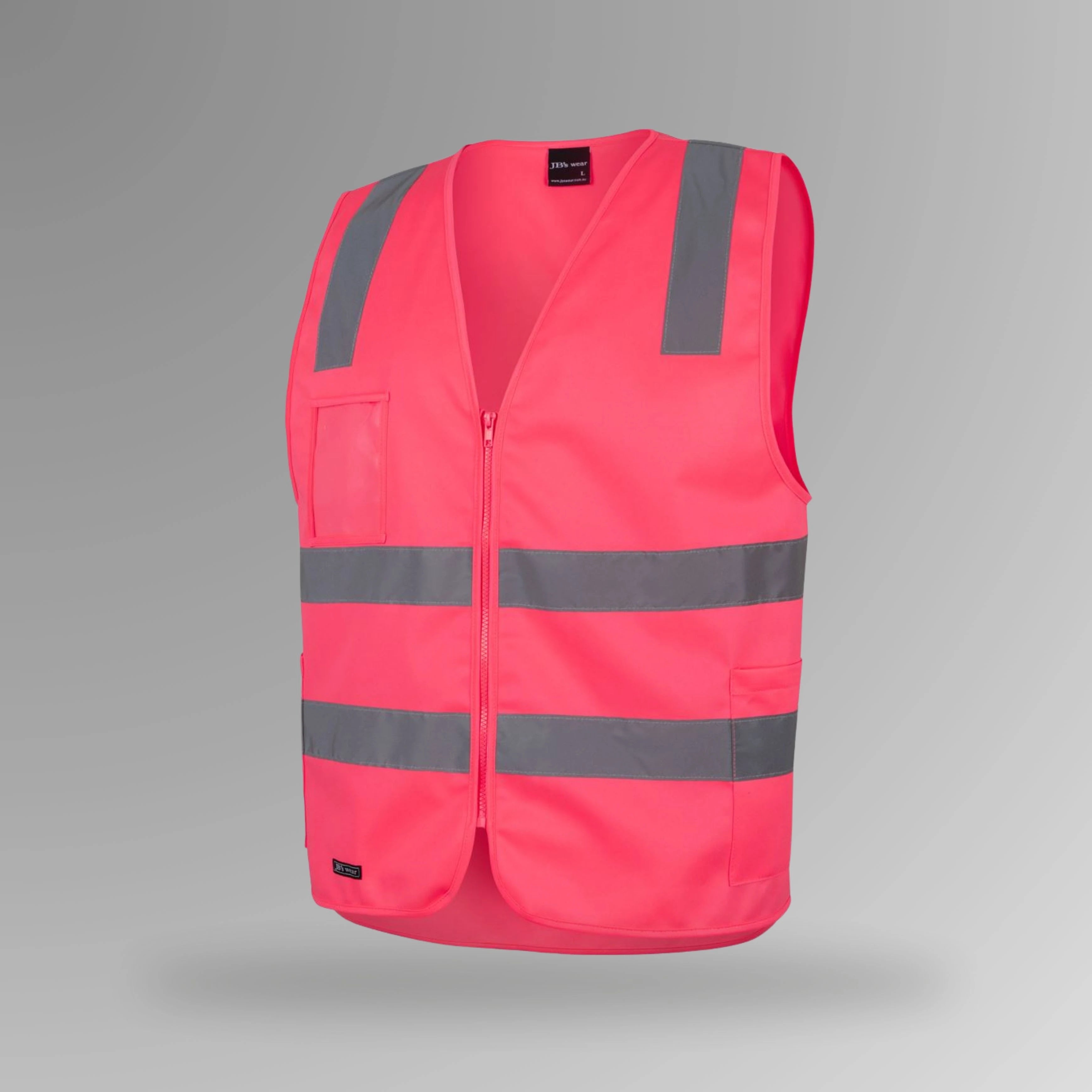 BSC 120 pink hi vis zip safety vest in upright view showing fluorescent pink body with horizontal reflective tape strips, front zip closure, and clear ID holder