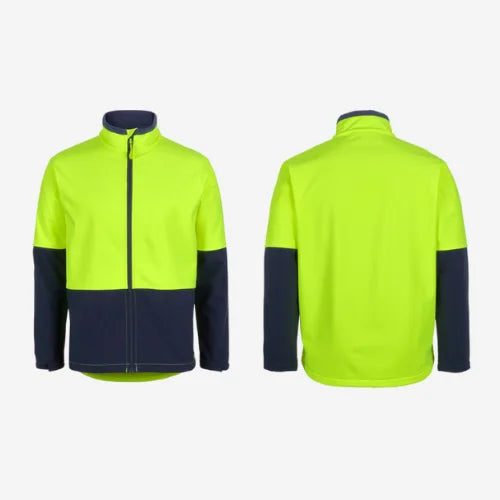 Layflat view of BSC 201 hi vis soft shell jacket displaying lime front with navy accents, side seam pockets, and adjustable sleeve openings