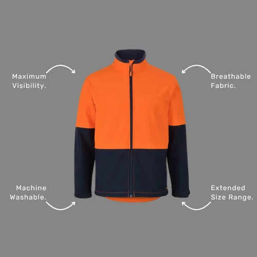 Benefits callout image showing BSC 202 soft shell jacket specifications including 10,000mm waterproof rating, breathability, and UPF 50+ sun protection