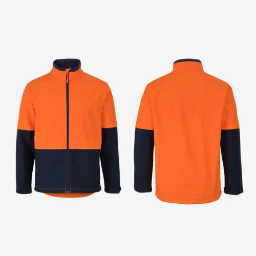 Layflat display of BSC 202 hi vis soft shell jacket featuring orange front with navy accents, side seam pockets, and adjustable sleeve openings