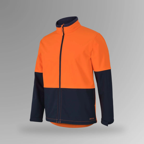 BSC 202 orange and navy hi vis soft shell jacket in upright view showing fluorescent orange body with navy contrast panels and mechanical stretch construction