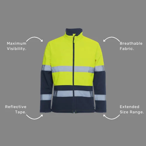 Benefits callout image highlighting BSC 203 soft shell jacket features including 20,000mm waterproof rating, 5000mm breathability, and reflective tape rated for 50 washes