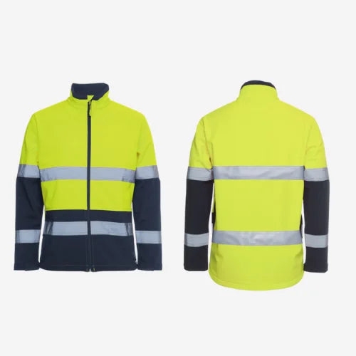 Layflat view of BSC 203 hi vis soft shell jacket displaying lime front with reflective tape strips, navy dust panels, and four way stretch fabric