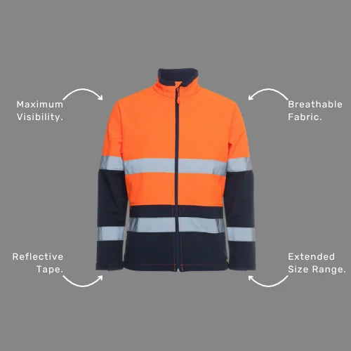 Benefits callout image showing BSC 204 soft shell jacket specifications including 20,000mm waterproof rating, four way stretch, and reflective tape for night visibility