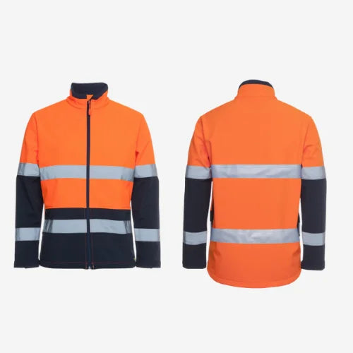 Layflat display of BSC 204 hi vis soft shell jacket featuring orange front with reflective tape, navy dust panels, and zip hand pockets
