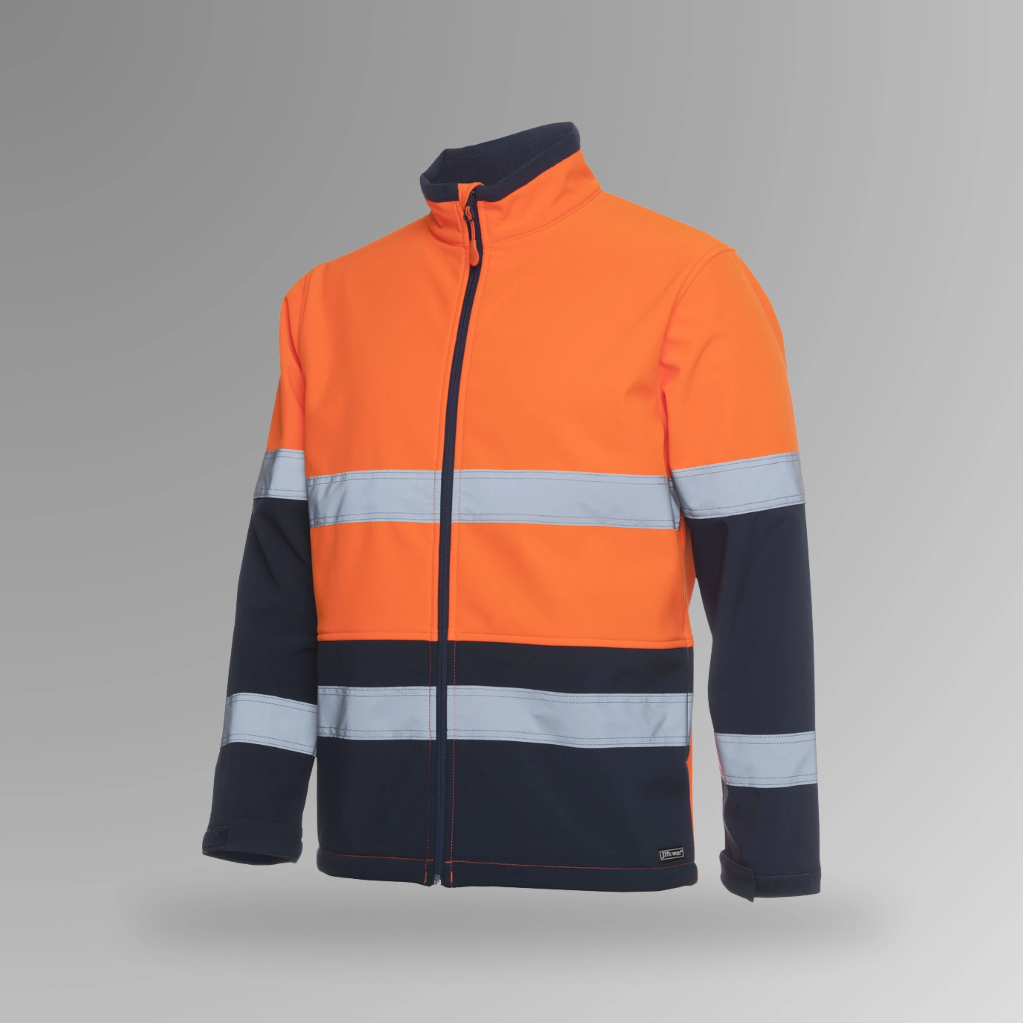 BSC 204 orange and navy hi vis soft shell taped jacket in upright view showing fluorescent orange body with reflective tape in biomotion configuration and navy contrast