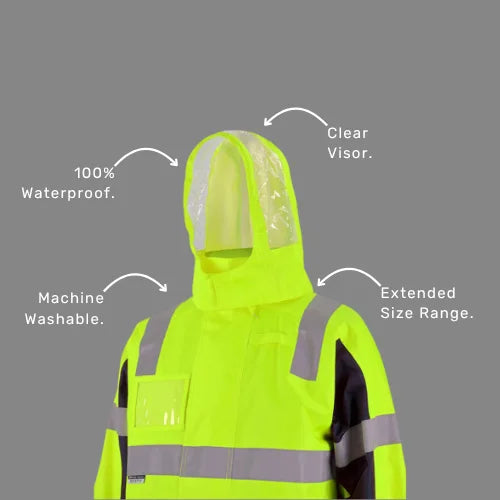 Benefits callout image highlighting BSC 205 waterproof jacket features including 20,000mm rating, sealed seams, microfleece lining, and UPF protection