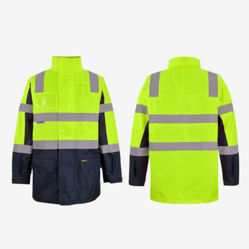 Layflat view of BSC 205 hi vis waterproof jacket displaying lime shell with reflective tape on body and sleeves, front patch pockets, and ID pocket