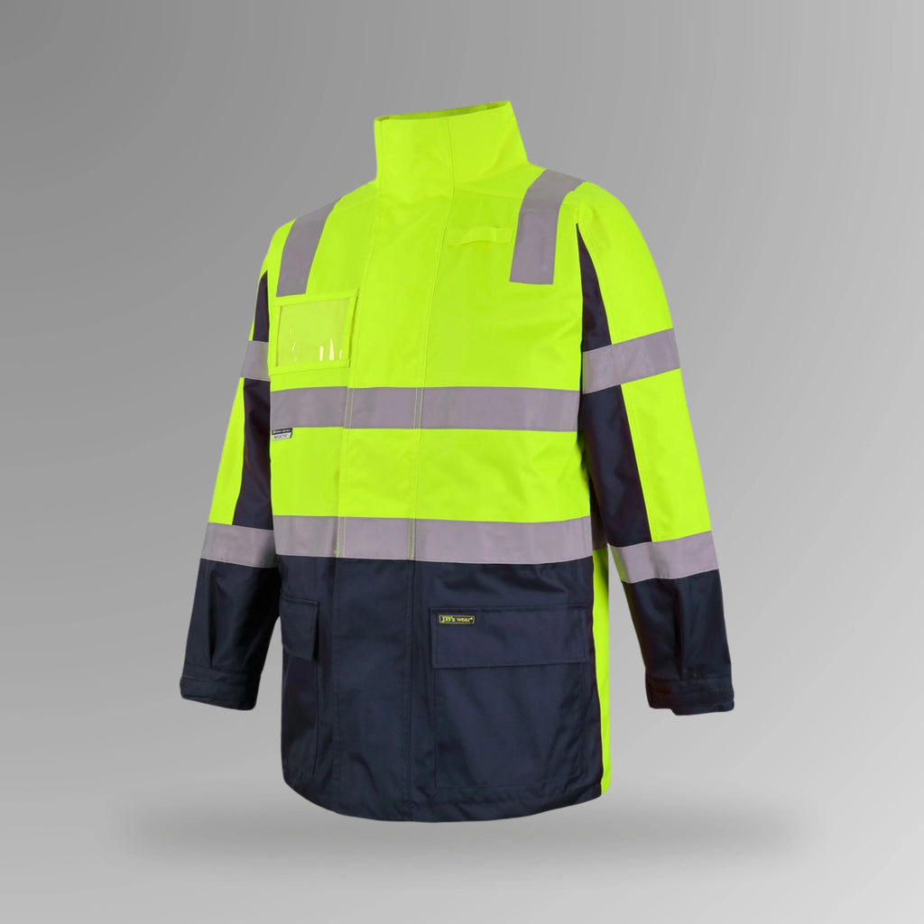 BSC 205 lime and navy hi vis waterproof taped jacket in portrait orientation showing fluorescent lime body with reflective tape, navy contrast panels, and concealed hood