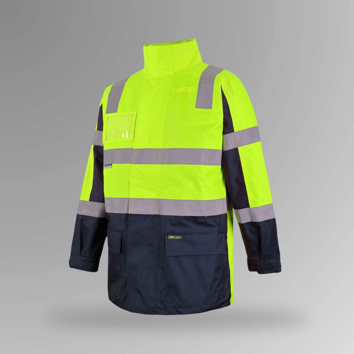BSC 205 lime and navy hi vis waterproof taped jacket in portrait orientation showing fluorescent lime body with reflective tape, navy contrast panels, and concealed hood