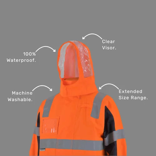 Benefits callout image showing BSC 206 waterproof jacket specifications including 20,000mm rating, sealed seams, microfleece body lining, and taffeta sleeve lining
