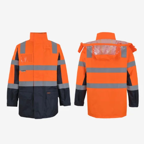 Layflat display of BSC 206 hi vis waterproof jacket featuring orange shell with reflective tape on body and sleeves, front pockets, and ID patch pocket