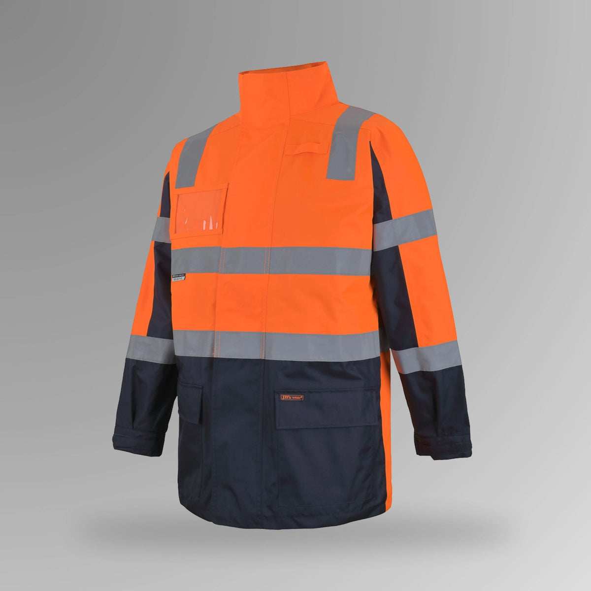 BSC 206 orange and navy hi vis waterproof taped jacket in upright view showing fluorescent orange body with reflective tape, navy contrast, and concealed hood with clear panel
