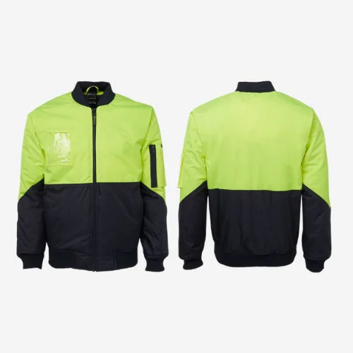 Layflat view of BSC 207 hi vis flying jacket displaying lime shell with navy accents, quilted lining, rib cuffs, and multiple pockets