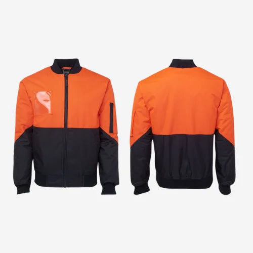 Layflat display of BSC 208 hi vis flying jacket featuring orange shell with navy accents, quilted polyfill lining, and rib cuffs for warmth
