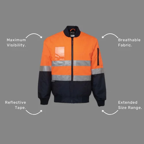 Benefits callout image showing BSC 210 flying jacket specifications including durable reflective tape, 20,000mm waterproof rating, and UPF 50+ protection