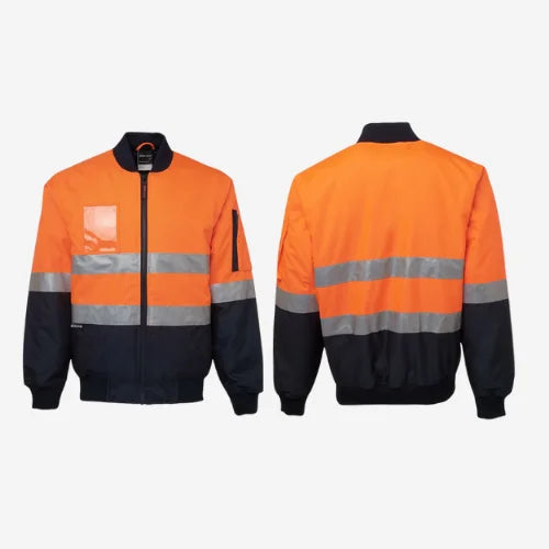 Layflat display of BSC 210 hi vis flying jacket featuring orange shell with reflective tape strips, quilted polyfill lining, and rib cuffs