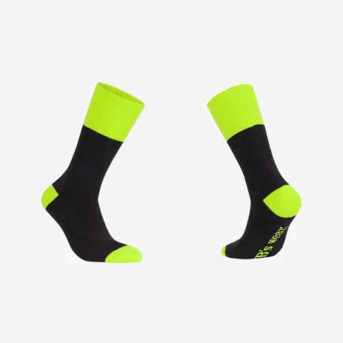 Layflat display of BSC 301 mens cotton work socks featuring black base with lime accents and fully terry padded construction