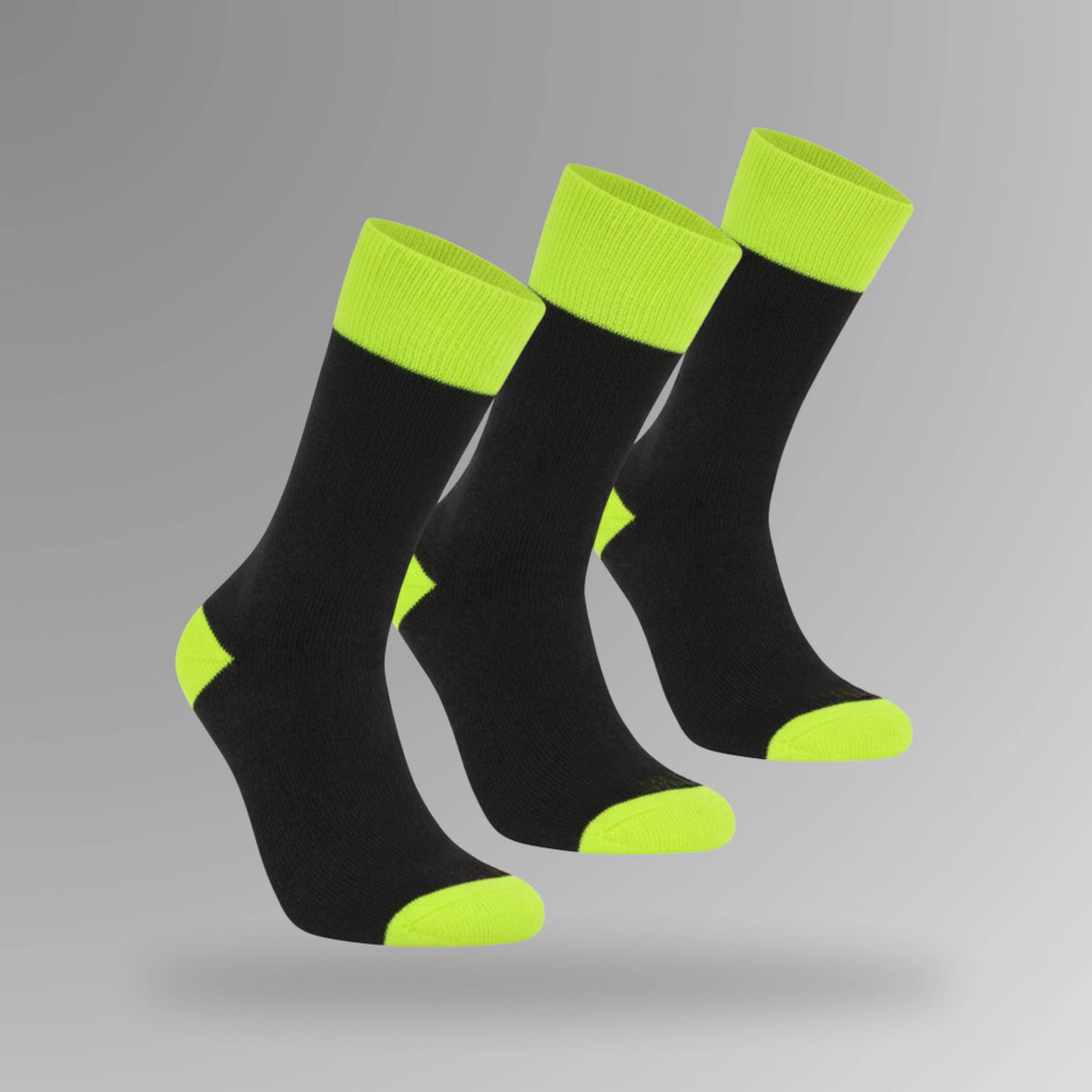 BSC 301 black and lime mens work socks in upright view showing three pack arrangement with lime coloured tops and black body