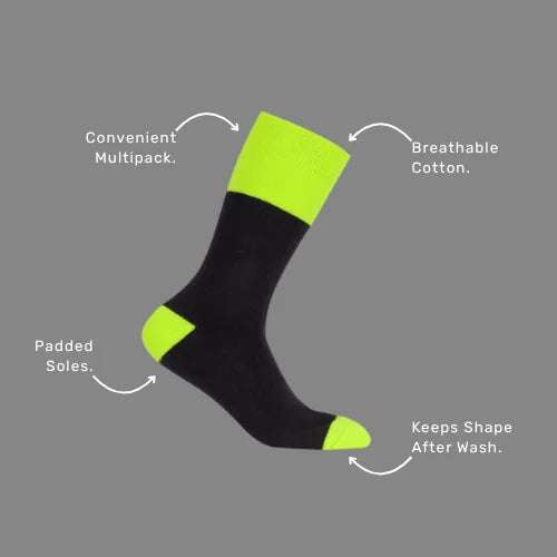 Benefits callout image highlighting BSC 301 work socks features including cotton blend for comfort, terry padding, and durable acrylic nylon mix
